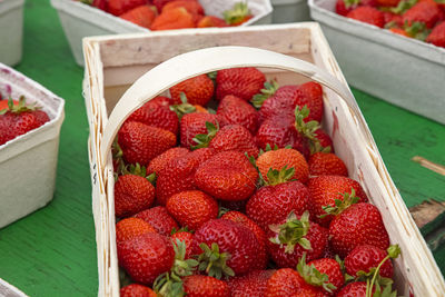 High angle view of strawberries in market