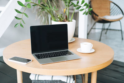 High angle view of laptop on table