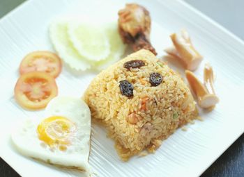 High angle view of breakfast served on table