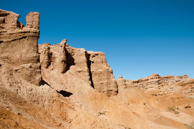 Low angle view of rock formation against clear blue sky