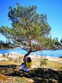 Woman sitting by tree against sea