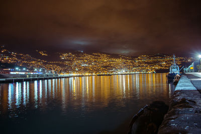 Illuminated city by river against sky at night