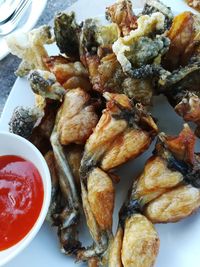 High angle view of food served in plate