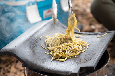 High angle view of noodles in bowl on table