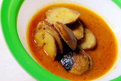 High angle view of soup in bowl on table