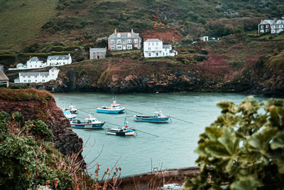 High angle view of boats in sea