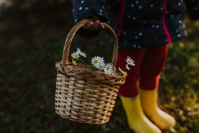 Child holding wicker basket with flowers