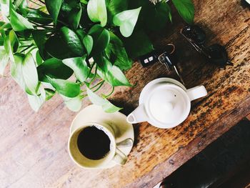 High angle view of coffee cup on table