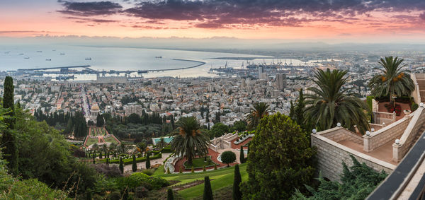 High angle view of townscape against sky during sunset