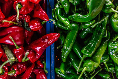 High angle view of chili peppers for sale +at market