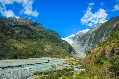 Scenic view of river amidst mountains against sky