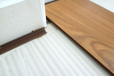 High angle view of open book on table