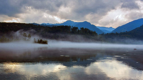 Scenic view of lake and mountains against sky