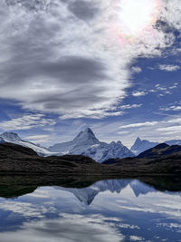 Scenic view of snowcapped mountains against sky during sunset