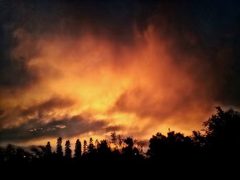 Silhouette of trees against cloudy sky