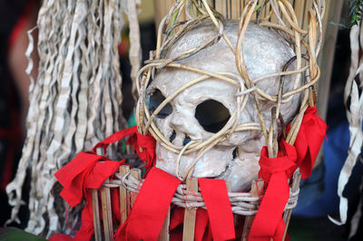 Close-up of clothes hanging on clothesline