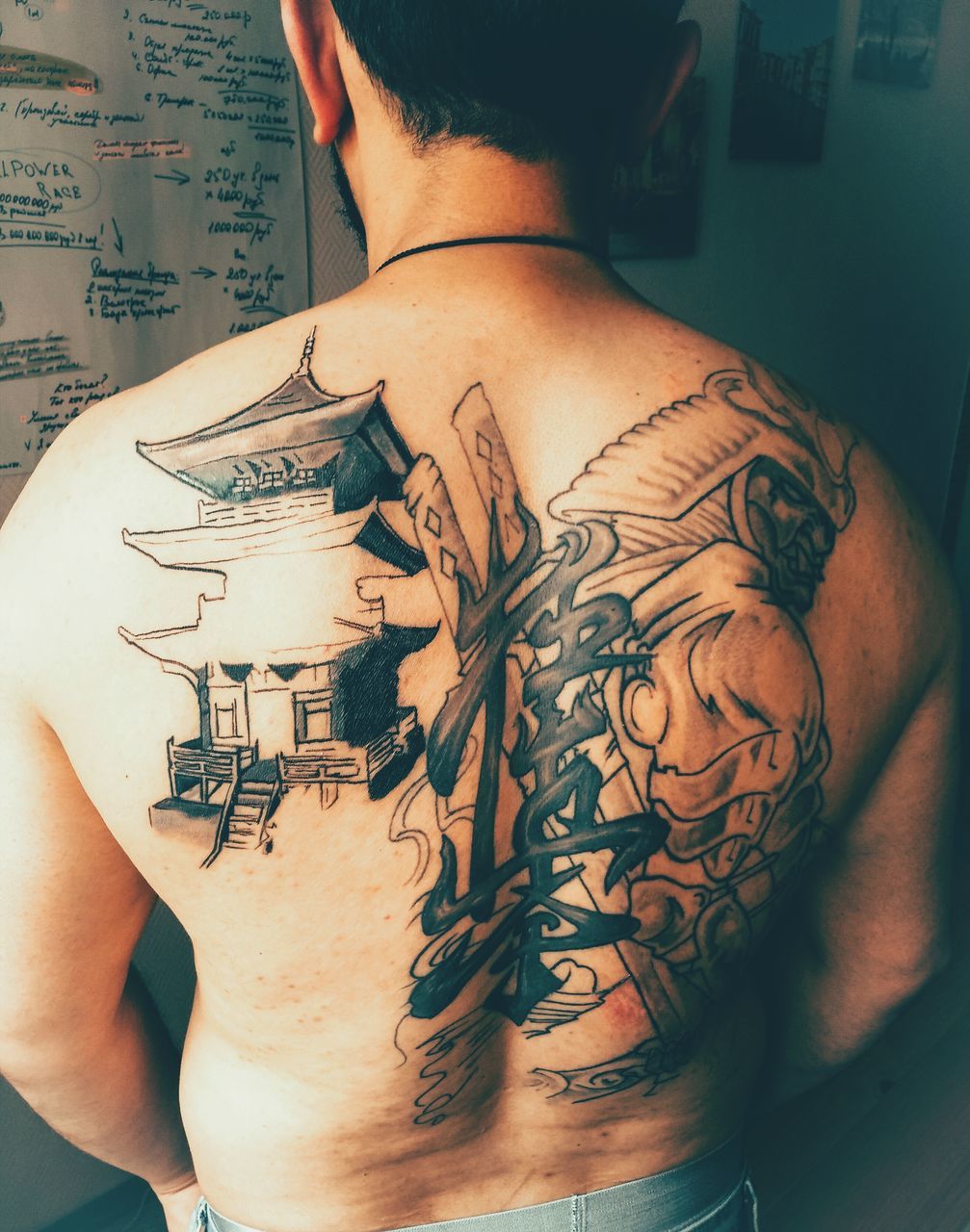 tattoo, rear view, real people, one person, shirtless, midsection, text, indoors, men, lifestyles, close-up, standing, human back, day, one man only, adult, people