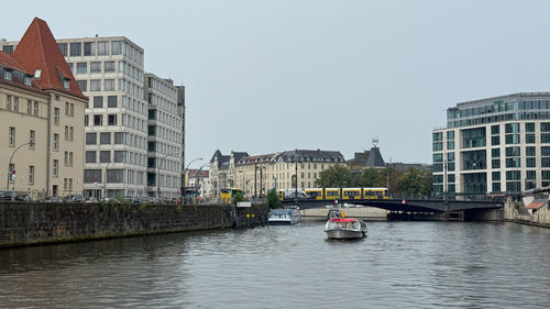 Boats in river against clear sky
