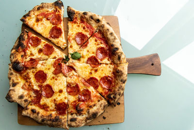 High angle view of pizza on table