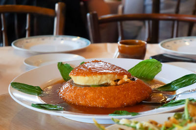 Close-up of dessert in plate on table