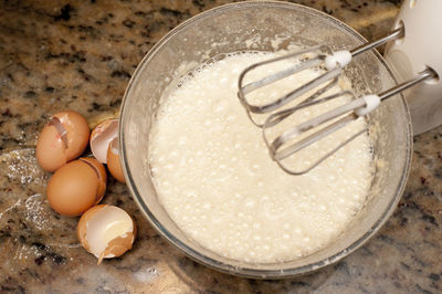 High angle view of batter in container