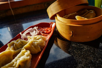 High angle view of pasta in bowl on table