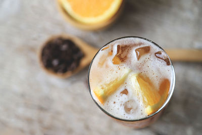 High angle view of drink in glass on table