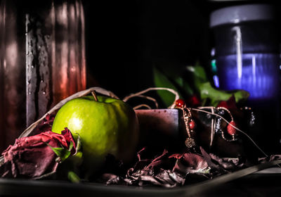 Close-up of fruits in plate on table