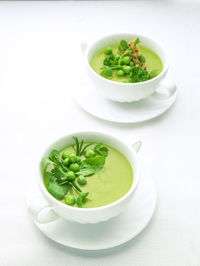 High angle view of soup in bowl on table