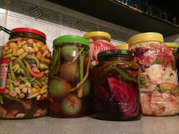 Multi colored vegetables in jar