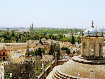 High angle view of buildings in city against clear sky at sevilla