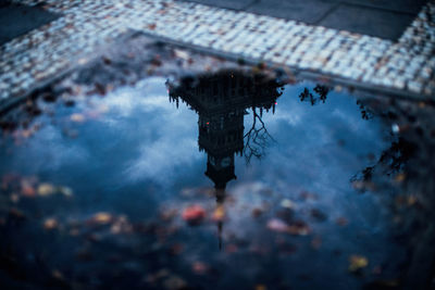 Reflection of buildings in puddle on lake