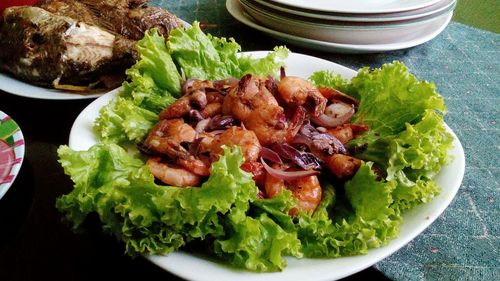 High angle view of salad in plate on table