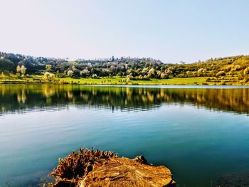 Scenic view of lake against clear sky