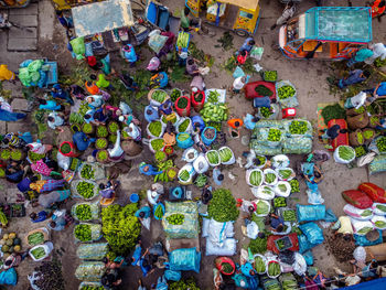 High angle view of people at street market