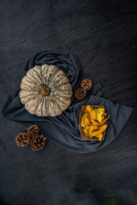 High angle view of dry leaves on table