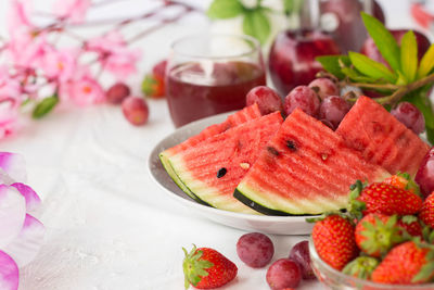 Close-up of strawberries in plate on table