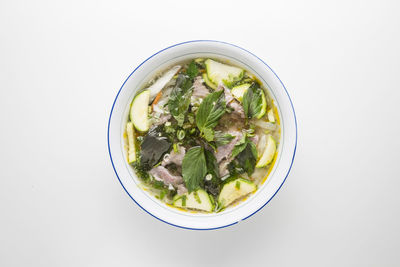 High angle view of soup in bowl