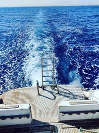 High angle view of boats in sea against blue sky