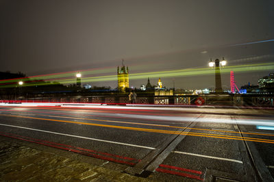 Light trails on road at night