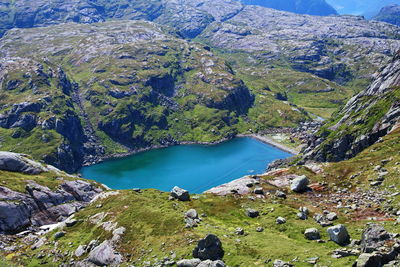 High angle view of lake and mountains