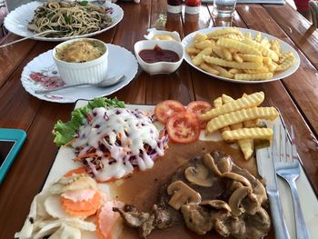 High angle view of food served on table