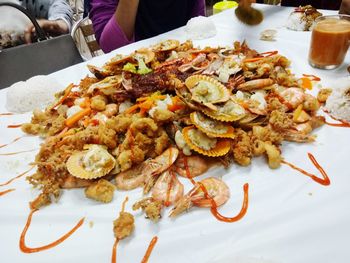 High angle view of meat in plate on table