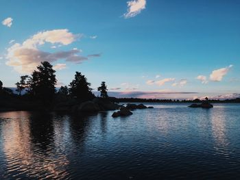 Scenic view of river against sky at sunset