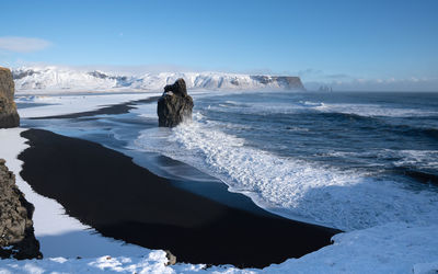 Panoramic image of the coastal landscape of cape dyrholaey with snow-covered coastline, iceland