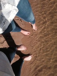 Low section of young woman on sand at beach