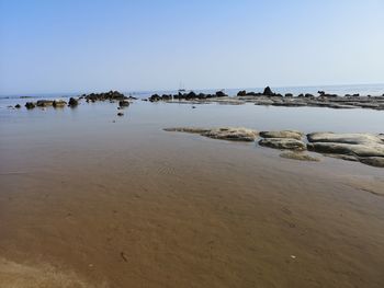 Scenic view of beach against clear sky