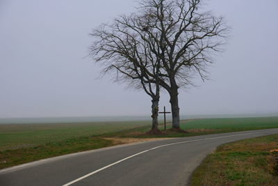 Road by bare tree on field against sky