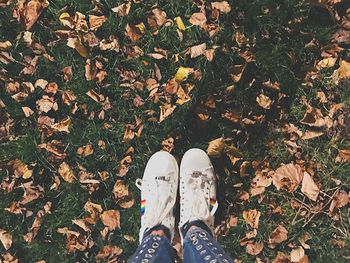 Low section of person standing on dry autumn leaves