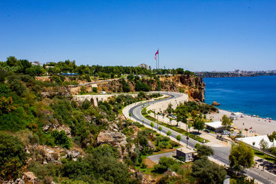 High angle view of sea against clear sky